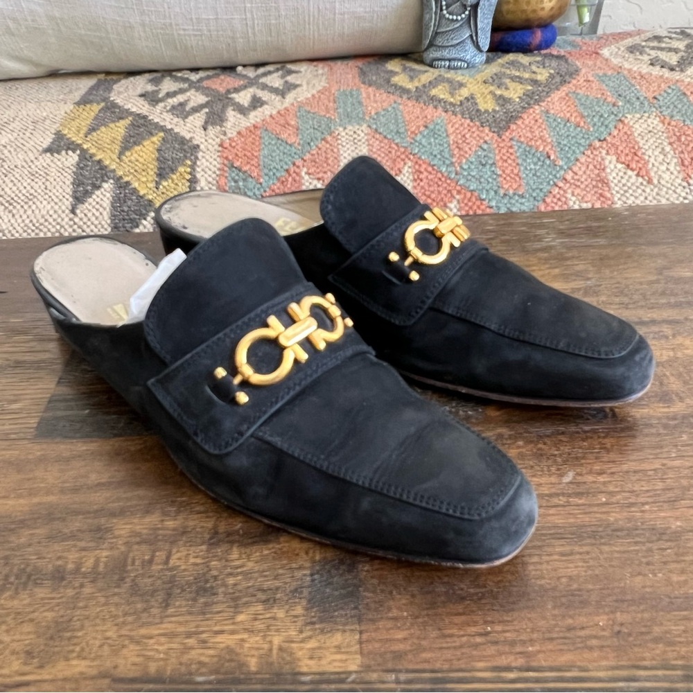 Salvatore Ferragamo Gancini Black Kid Suede Mules Women’s 7.5 AAA (Narrow)